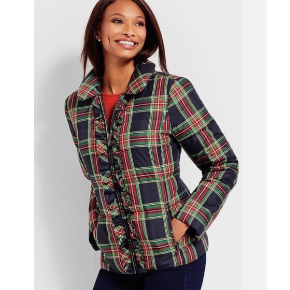 Talbots Tartan Plaid Down Jacket Full Ruffle Front Full Zip Women XL Petite